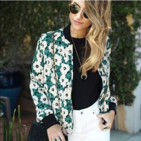 Who What Wear Jackets & Blazers - Who What Wear Green Ivory Tan Floral Cropped Bomber Jacket Small